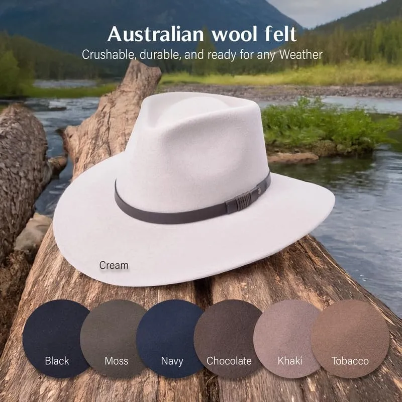 100% Wool Felt Australian Hat for Women Men Crushable Waterproof Nubuck Leather Band | Outback Cowboy Cowgirl