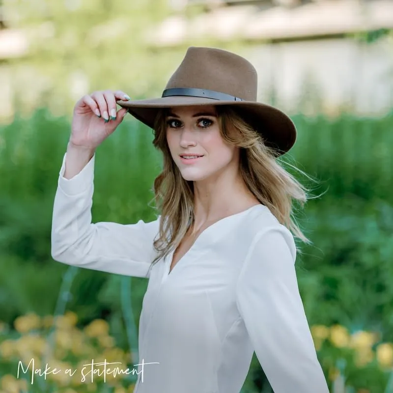 100% Wool Felt Australian Hat for Women Men Crushable Waterproof Nubuck Leather Band | Outback Cowboy Cowgirl