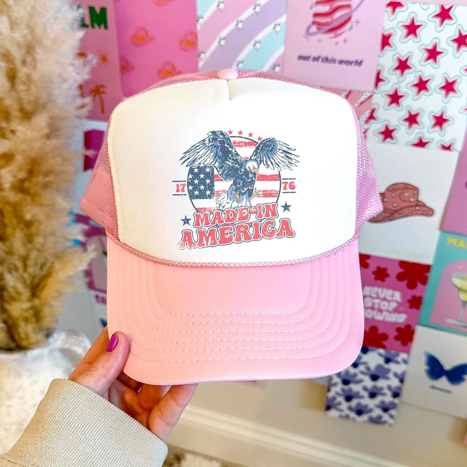1776 Made in America Patriotic Eagle Hat Classic 5 Panel Foam Front Mesh Snap Back Trucker Hat