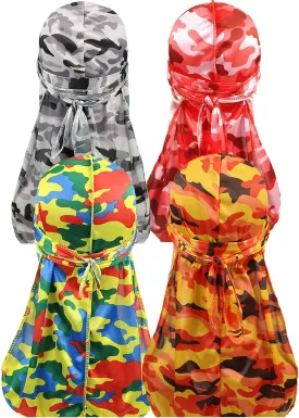 ALIDIA 4 Pieces Extra Long Tail Wide Straps Silky Camouflage Durag for Men 360 Waves