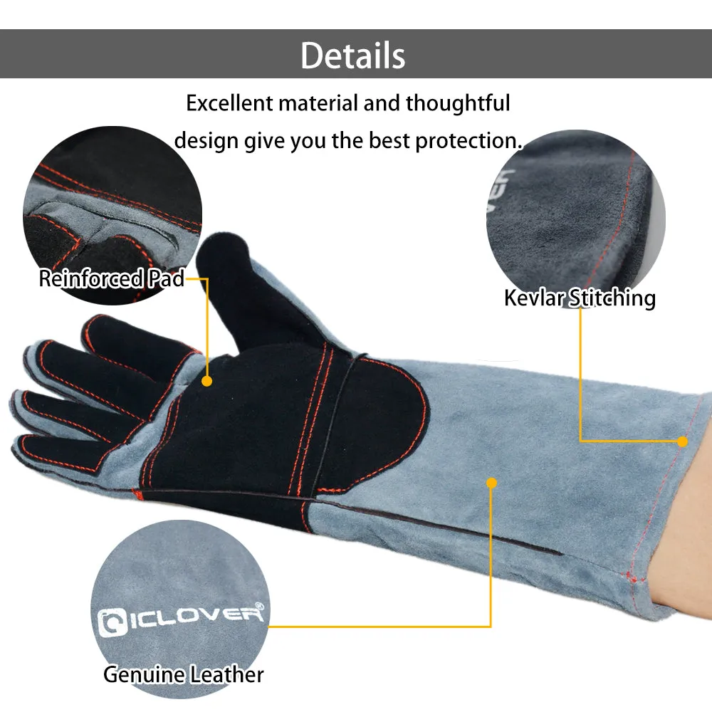 Animal Handling Gloves-IC ICLOVER Snake Bite Proof Gloves Kevlar Reinforced Leather Padding Palm & fingers for Snake Reptile Bird Handling Cat Dog Training, Anti Bite Animal Protection Gloves -16inch