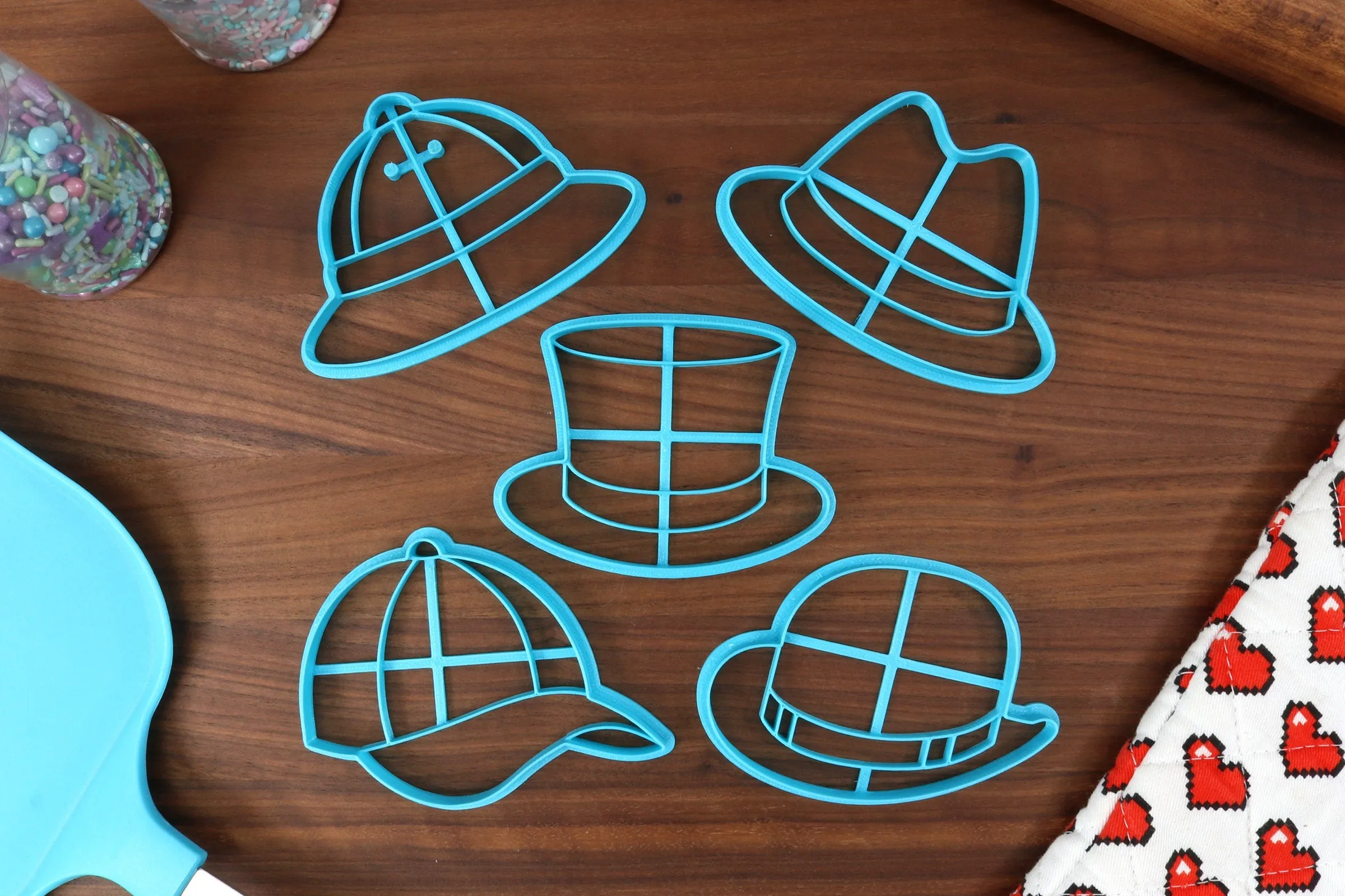 Assorted Hats Cookie Cutters - Baseball Cap, Bowler Hat, Fedora, Safari Hat, Top Hat