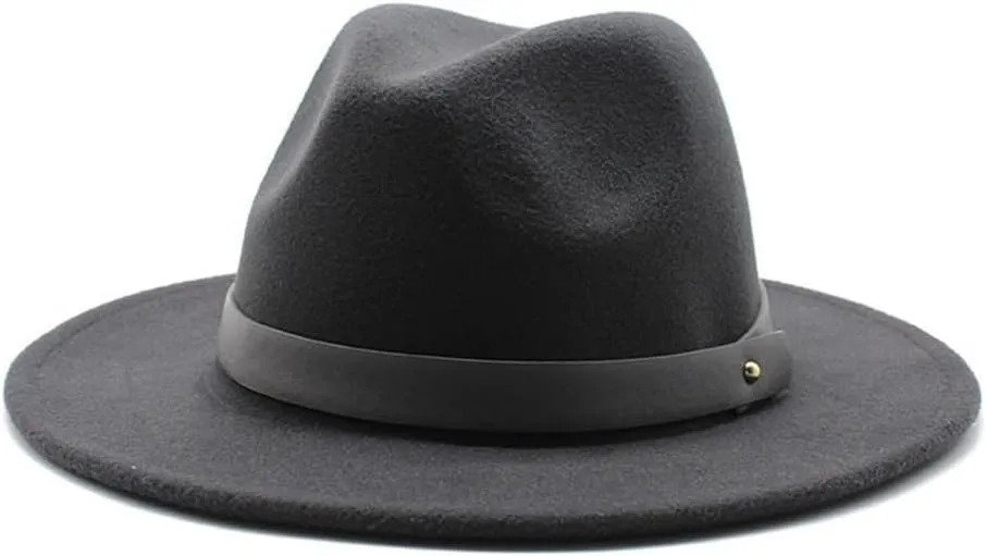 Autumn and Winter British Style Woolen Jazz Hat European and American Big Brim Hat Fashion Flat Brim Felt Hat Fengyan Cowboy Hats (Color : Dark Grey, Size : 56-58cm)