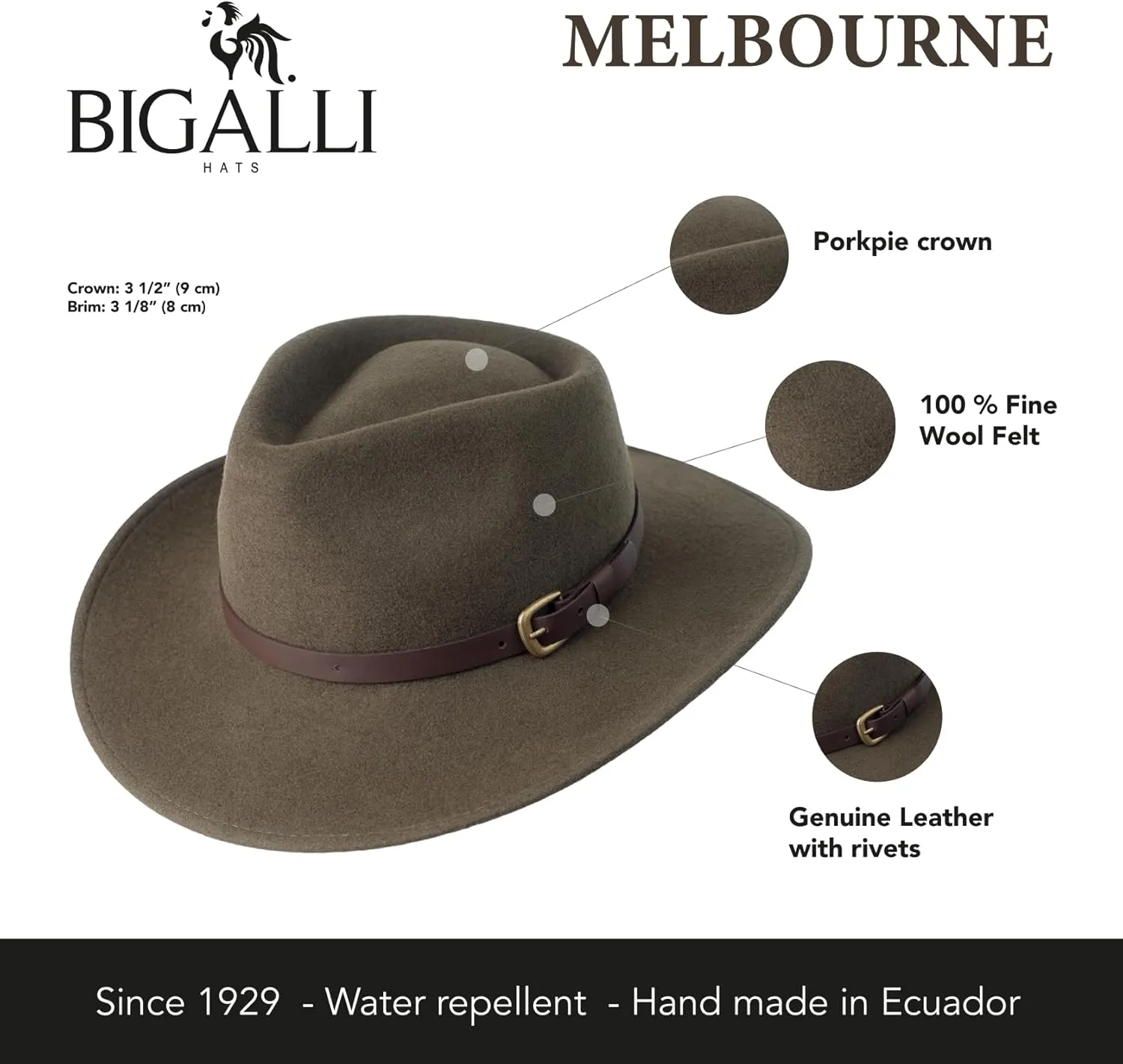 Bigalli Melbourne Wool Felt Fedora Hat for Women/Men Cowboy Hat Crushable Teardrop Winter Fall Hat | Mens Safari Hat
