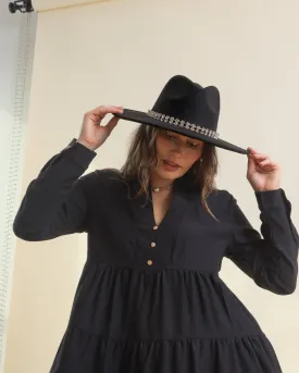 Black Embellished Rhinestone Strap Fedora Hat