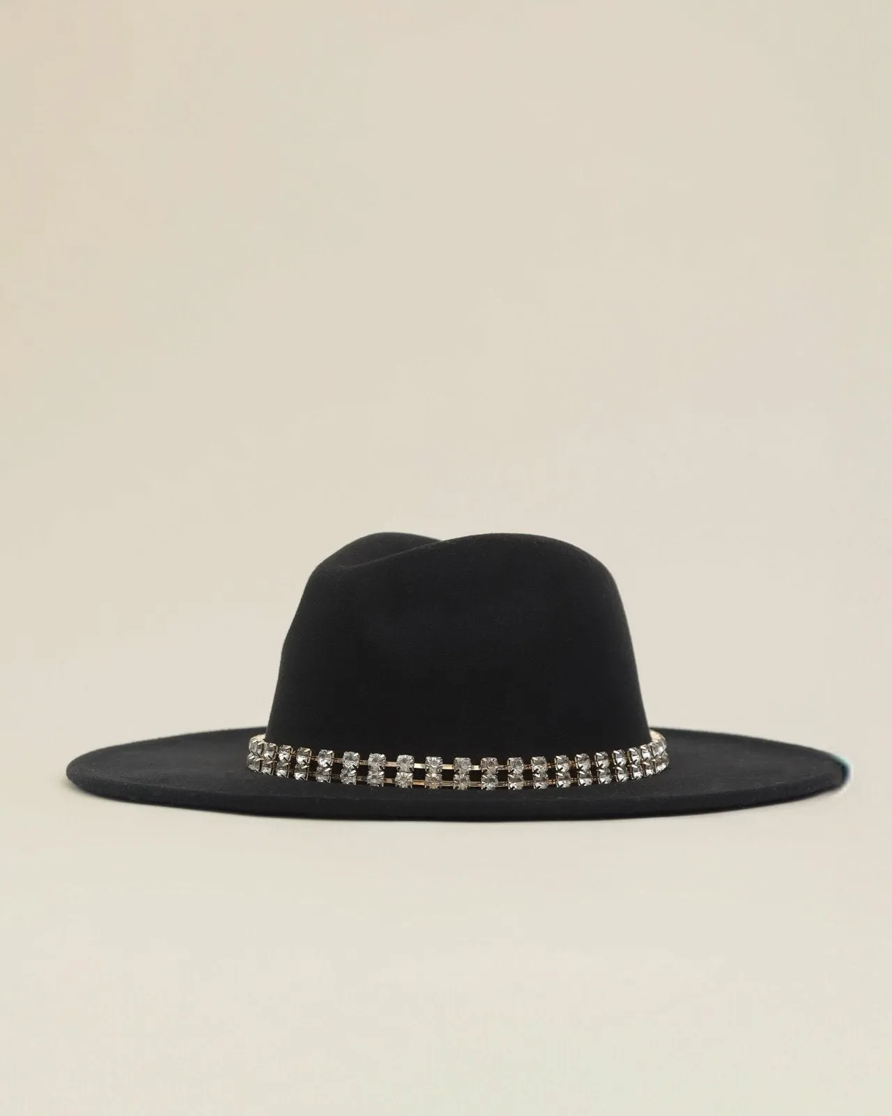 Black Embellished Rhinestone Strap Fedora Hat