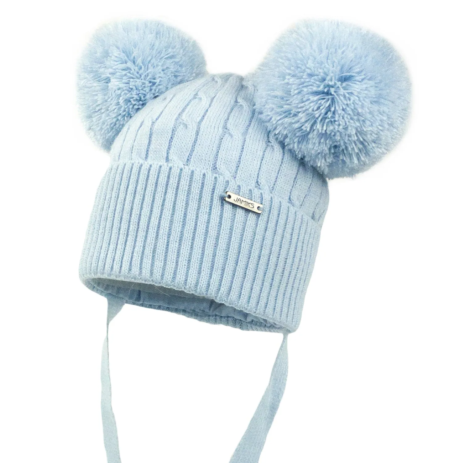 Blue Cable Double Pom Hat