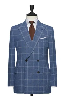 Blue Window-Pane Double Breasted Wide Lapel Suit