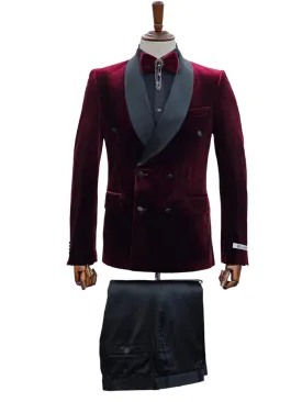 Burgundy Velvet Double Breasted Tuxedo Black Slim Fit