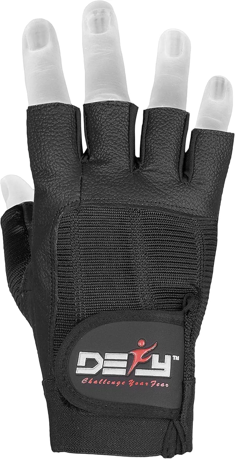 DEFY Challenge Your Fear Leather Weight Lifting Gloves Spandex Heavy Duty Gloves Padded Gym Body Building Fitness Workout