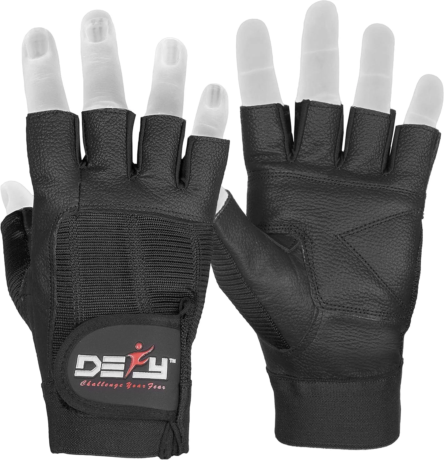 DEFY Challenge Your Fear Leather Weight Lifting Gloves Spandex Heavy Duty Gloves Padded Gym Body Building Fitness Workout