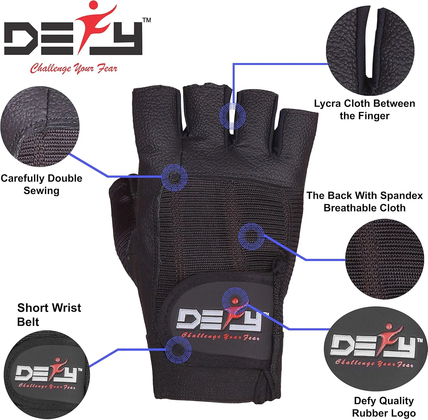DEFY Challenge Your Fear Leather Weight Lifting Gloves Spandex Heavy Duty Gloves Padded Gym Body Building Fitness Workout
