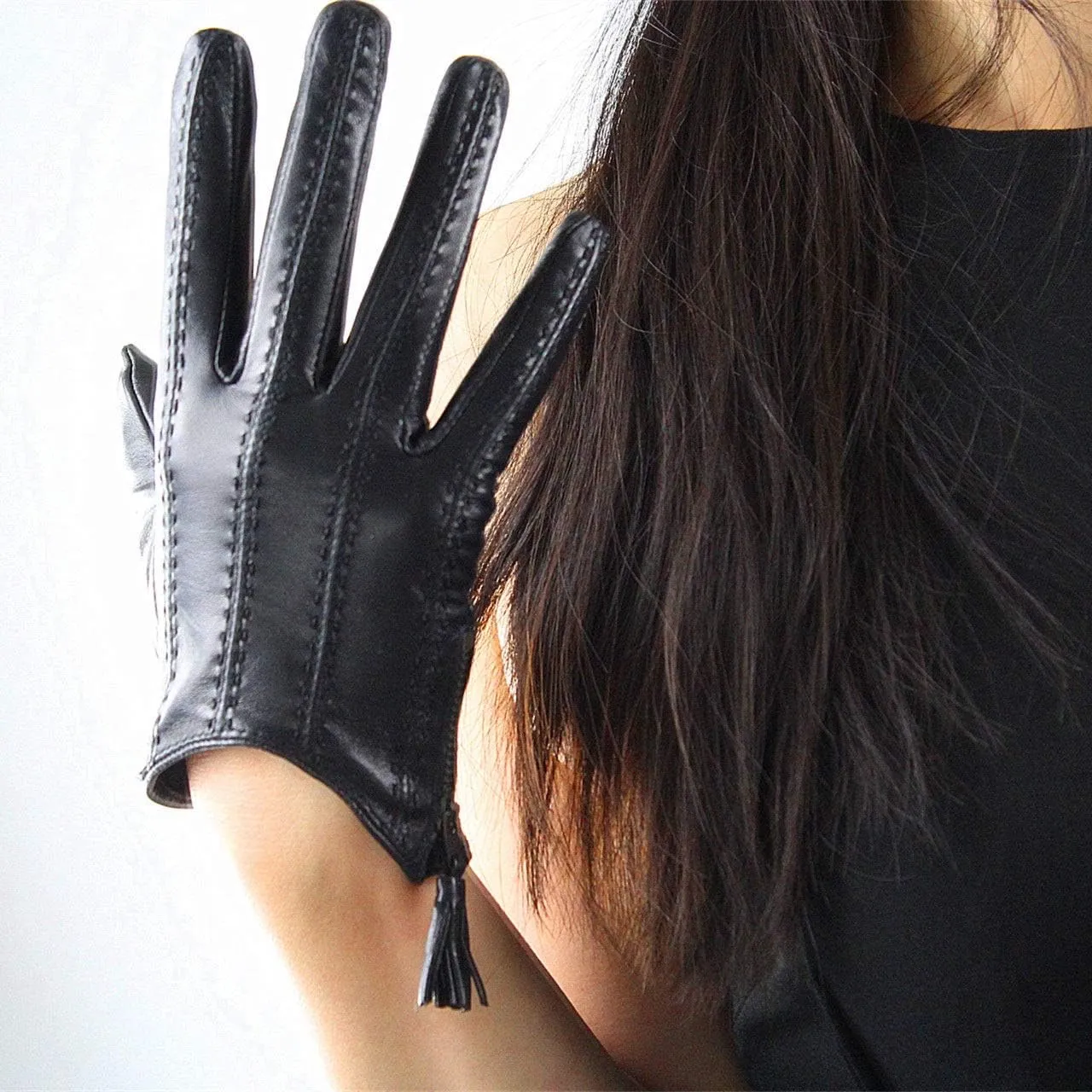 DooWay Women's Short Real Leather Driving Gloves Touchscreen Imported Goatskin Leather Tassel Zipper Winter Warm Gloves