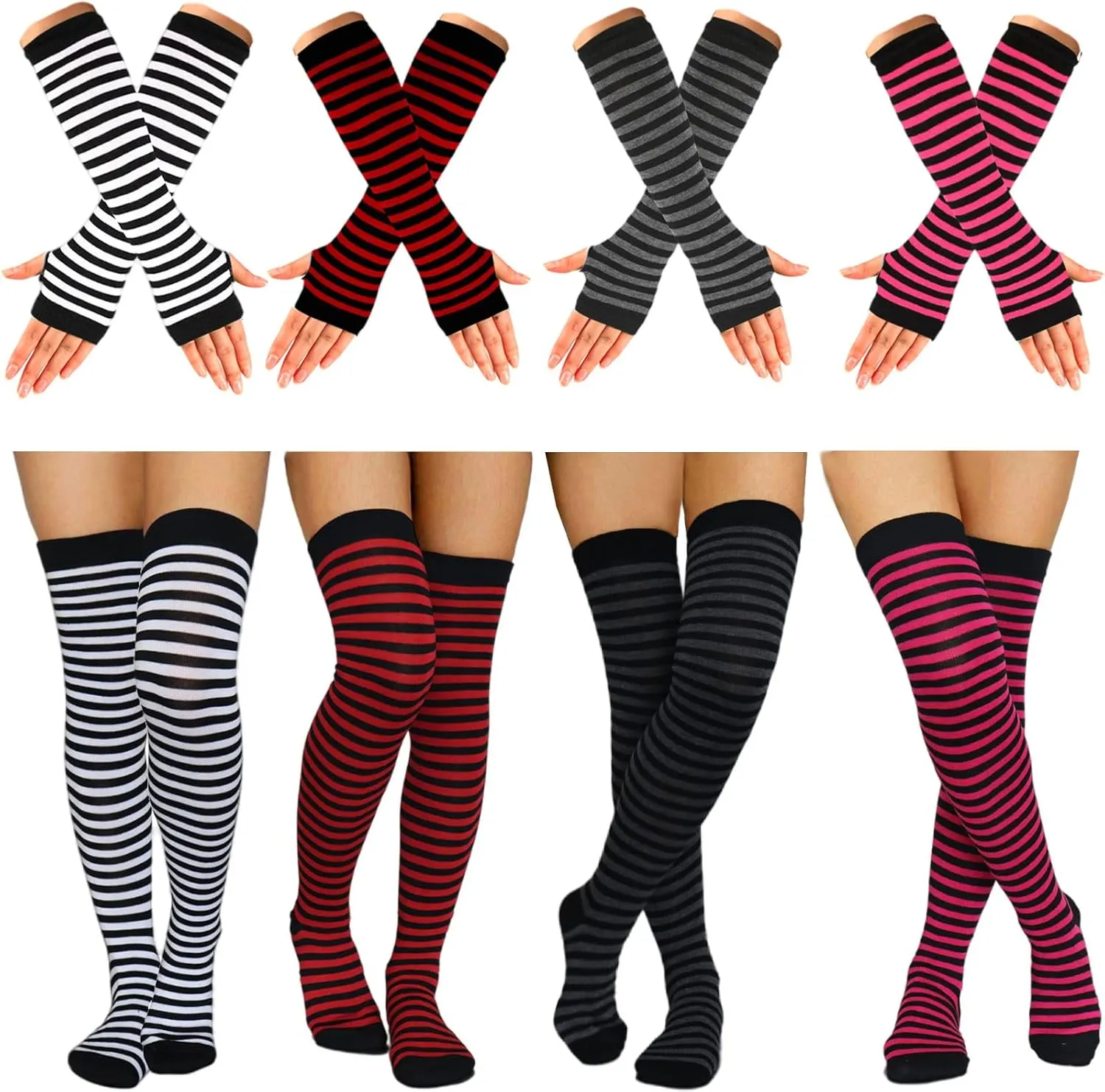 Ibeauti 8 Pcs Womens Striped Knee High Socks Stockings Y2K Goth Knitted Long Arm Warmer Fingerless Gloves Set