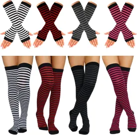 Ibeauti 8 Pcs Womens Striped Knee High Socks Stockings Y2K Goth Knitted Long Arm Warmer Fingerless Gloves Set