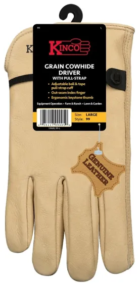 Kinco 99-L Driver Gloves, Men's, L, Keystone Thumb, Ball and Tape Cuff, Cowhide Leather, Tan :PR: QUANTITY: 1