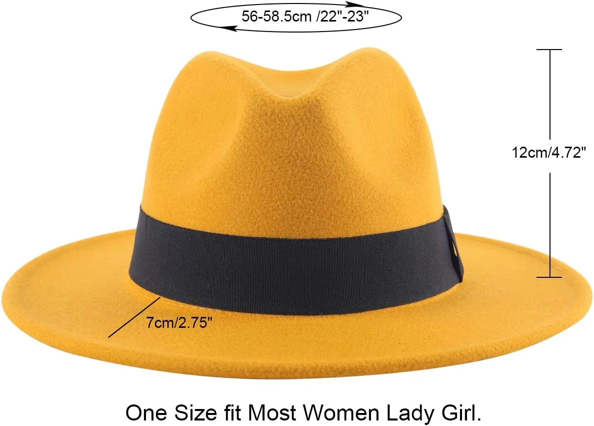 Lanzom Classic Fedora Hats for Women Lady Wide Brim Felt Panama Hat with Belt Buckle