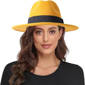 Lanzom Classic Fedora Hats for Women Lady Wide Brim Felt Panama Hat with Belt Buckle