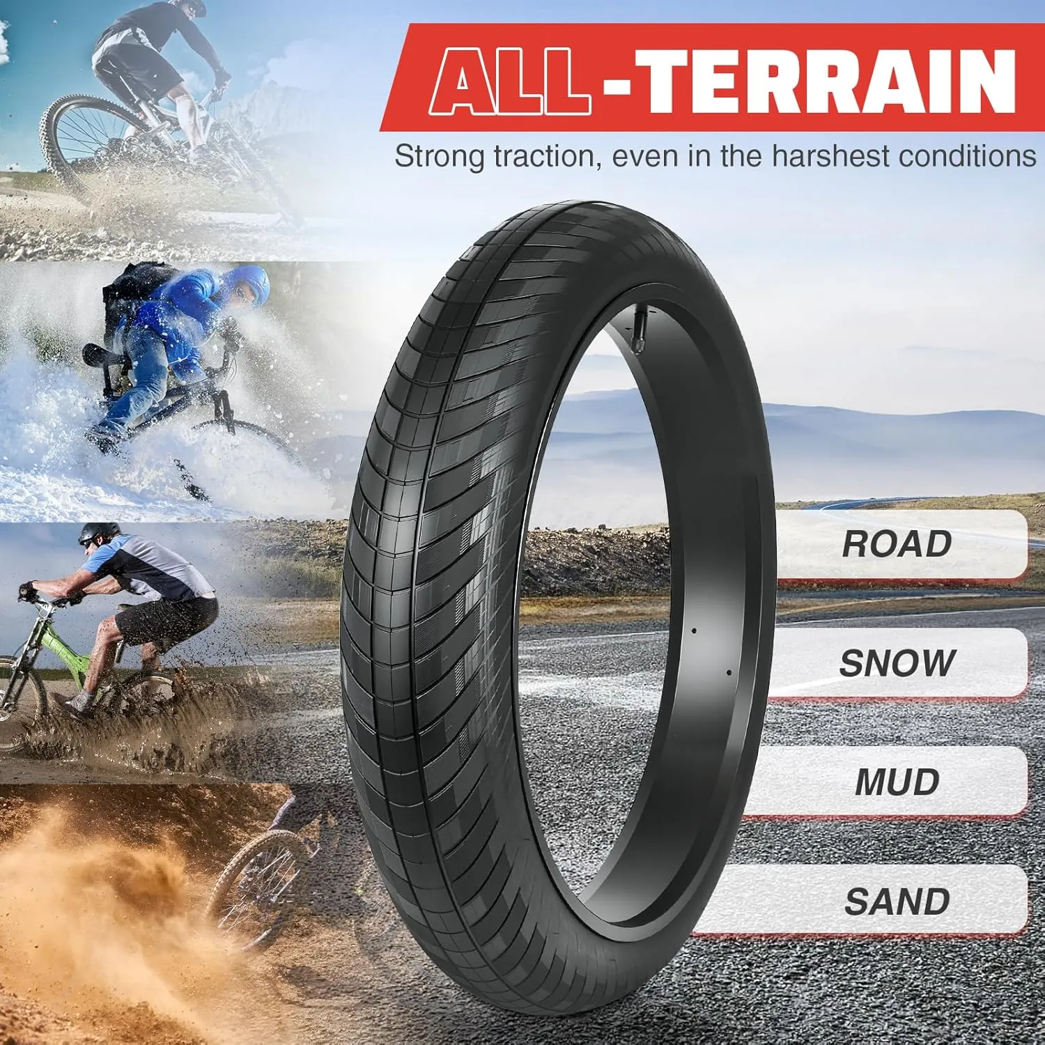 MEGHNA Fat Bike Tire 20/24 x 3.0 inch Mountain Bike Fat Tire 20/24 inch Heavy Duty Arrow Grooves Anti-Slip Foldable Replacement All Terrain Tire for Mountain Snow Kids Bike Beach Cruiser E-Bike