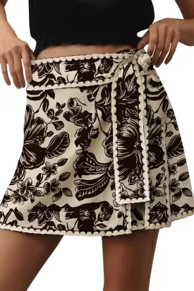 Mini Wrap Skirt Short for Women Flowy Bodycon Print Elastic Waist Fall Casual Beige Skort