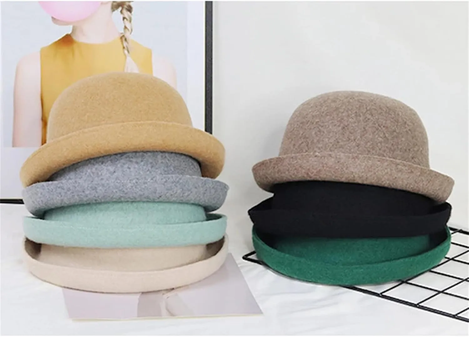 Mnjyihy Women Men Wool Dome Fedoras Hats Solid Color Jazz Cap Elegant Ladies Party Bowler Hats