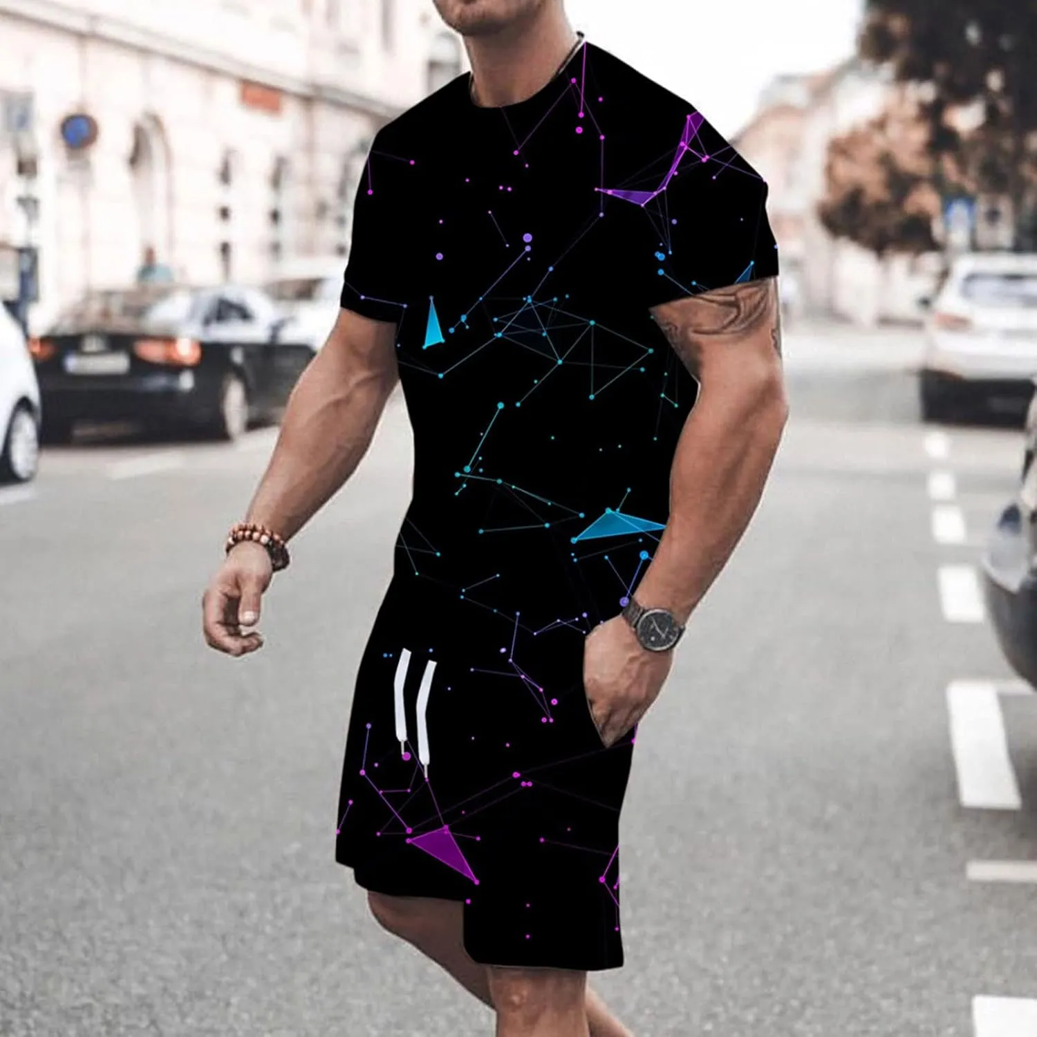 Muscularfit Mens Short Sets 2 Piece Outfits Causal Gradient Color Tracksuit Sweatshirt and Drawstring Shorts Set for Men 2023