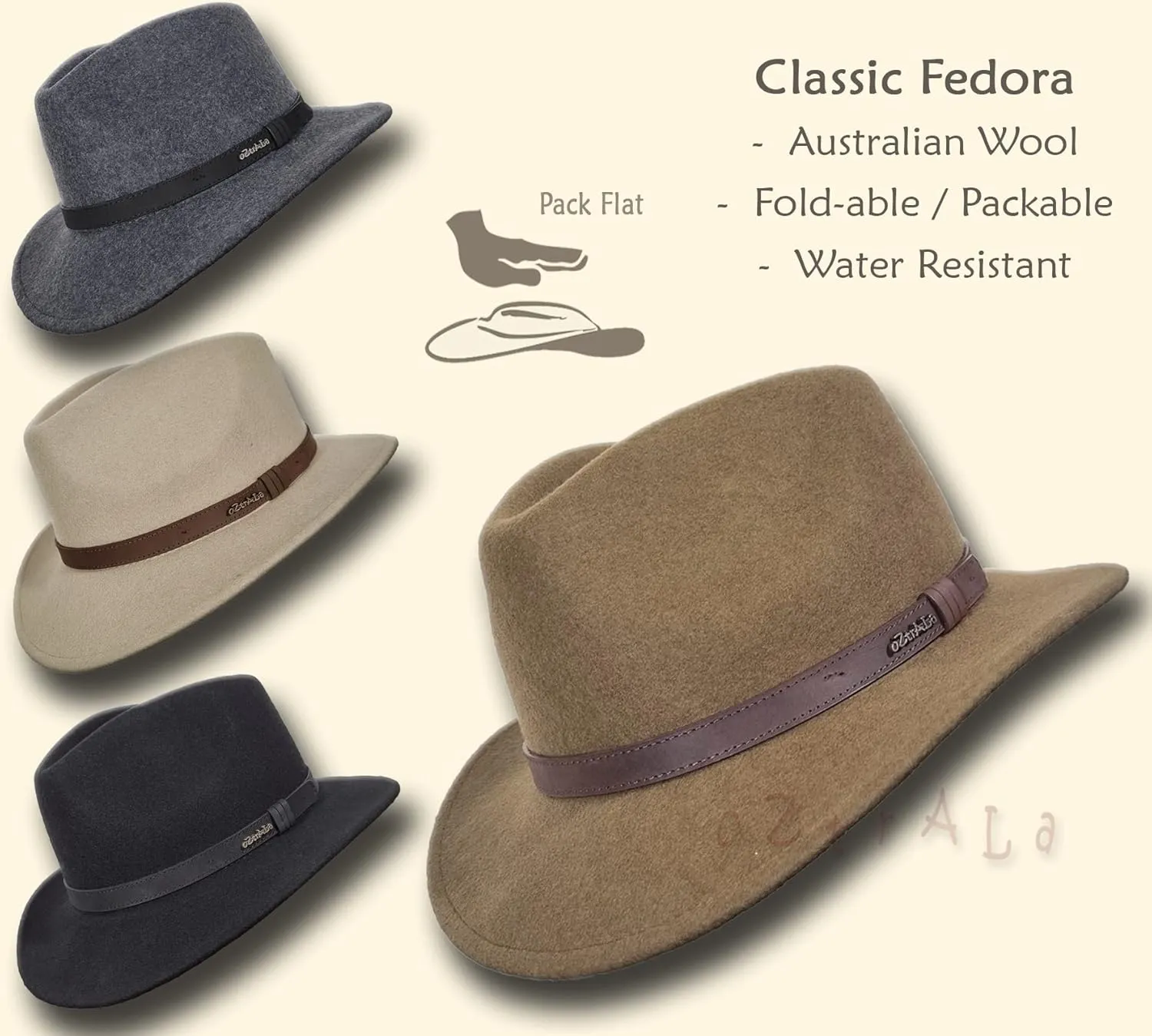 OztralaAustralian Wool Felt HAT Outback Vintage Classic Fedora Men Leather Band Cowboy HW01 US