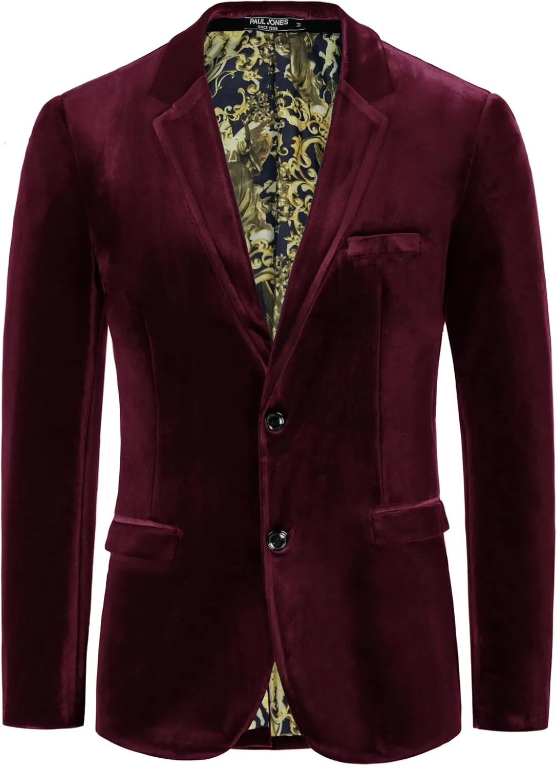 PJ PAUL JONES Mens Velvet Blazer Two Button Sport Coat Solid Slim Fit Suit Jacket for Dinner Prom Wedding