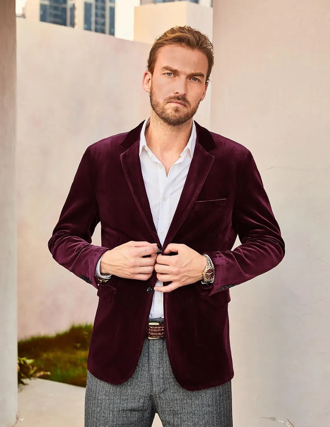 PJ PAUL JONES Mens Velvet Blazer Two Button Sport Coat Solid Slim Fit Suit Jacket for Dinner Prom Wedding