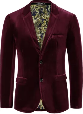 PJ PAUL JONES Mens Velvet Blazer Two Button Sport Coat Solid Slim Fit Suit Jacket for Dinner Prom Wedding