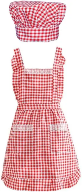 Plaid Apron Hat Set Cotton Chef Apron with Two Pockets for Cooking Kitchen Gardening Coffee Shops