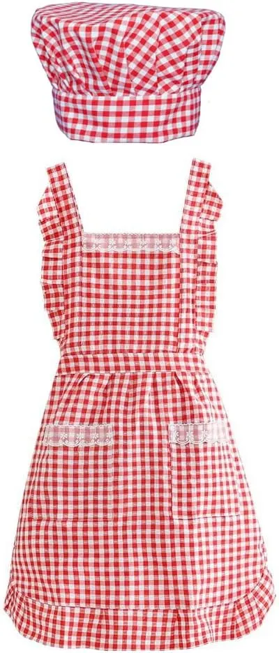 Plaid Apron Hat Set Cotton Chef Apron with Two Pockets for Cooking Kitchen Gardening Coffee Shops