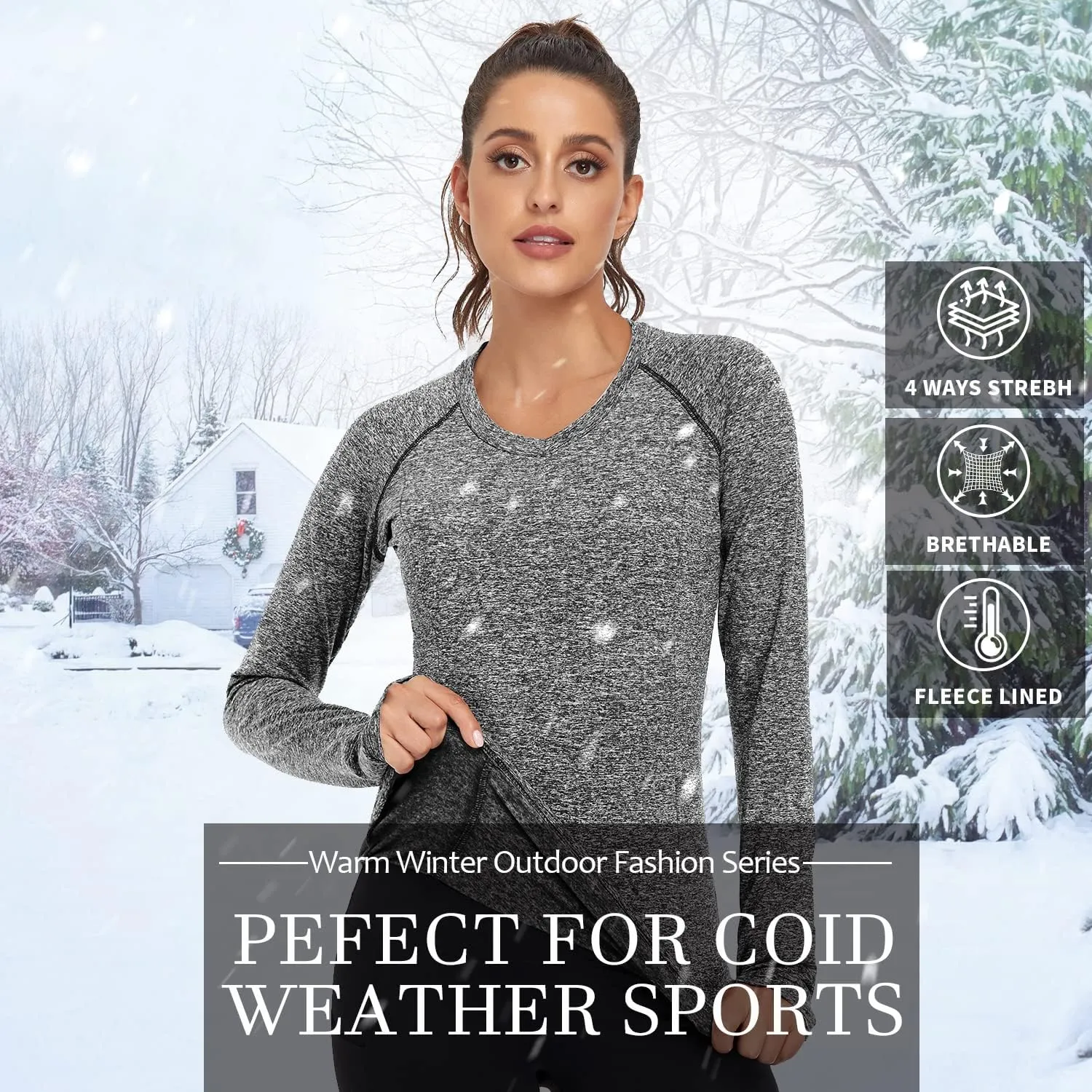 Soneven Women's Thermal Fleece Running Shirts Compression Shirts Quick Dry Workout Pullover Tops with Thumb Holes