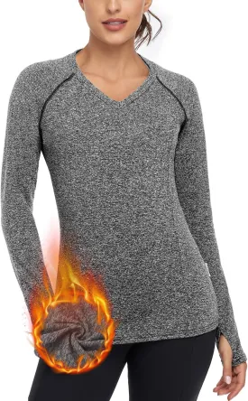 Soneven Women's Thermal Fleece Running Shirts Compression Shirts Quick Dry Workout Pullover Tops with Thumb Holes