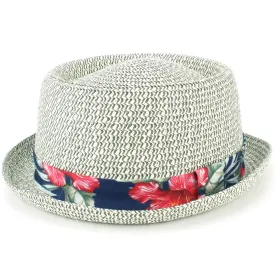 Straw Porkpie Hat with Hawaiian Floral Band - Grey