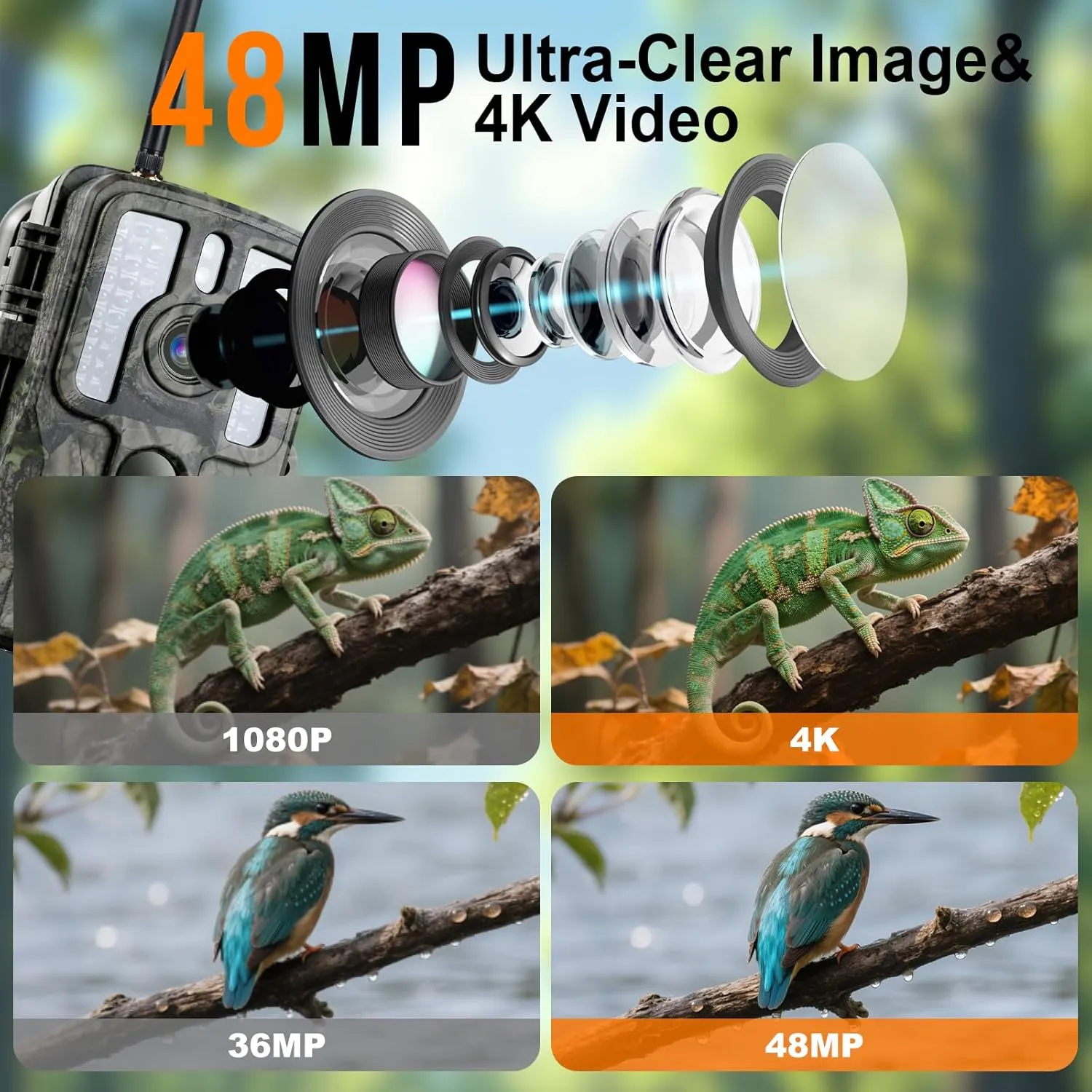 Trail Camera with Night Vision Motion Activated Waterproof, 4K 48MP WiFi Bluetooth Game Camera, 0.1s Trigger IP66 Trail Cam with App Control for Wildlife Monitoring, Deer Hunting, Security