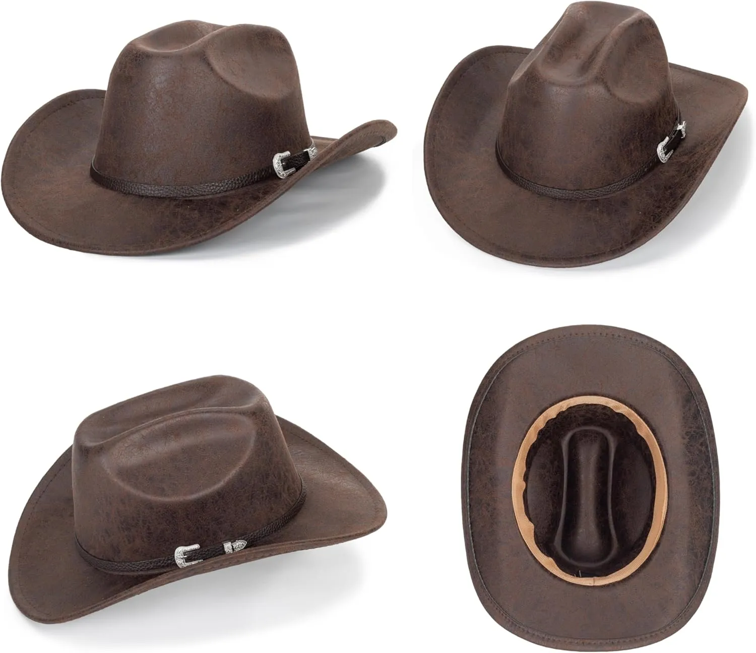 Women-Men Classic-Western Cowboy-Hat - Wide-Brim Pu Leather Cowgirl Cap Fedora Hats with Buckle Outback for Outdoor (22")