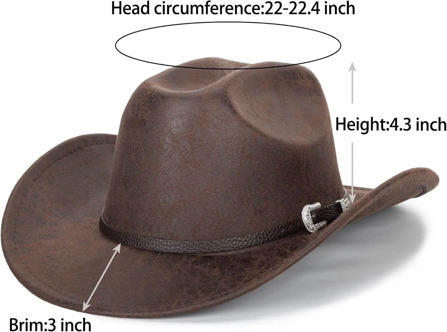 Women-Men Classic-Western Cowboy-Hat - Wide-Brim Pu Leather Cowgirl Cap Fedora Hats with Buckle Outback for Outdoor (22")