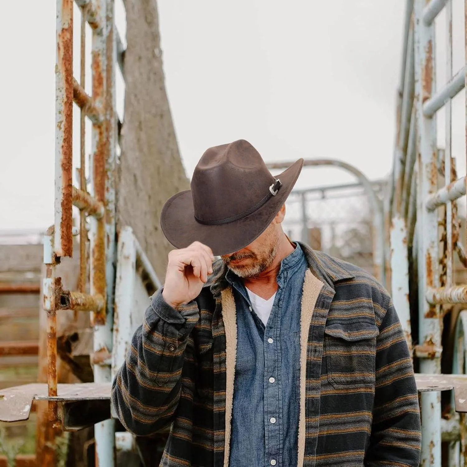 Women-Men Classic-Western Cowboy-Hat - Wide-Brim Pu Leather Cowgirl Cap Fedora Hats with Buckle Outback for Outdoor (22")