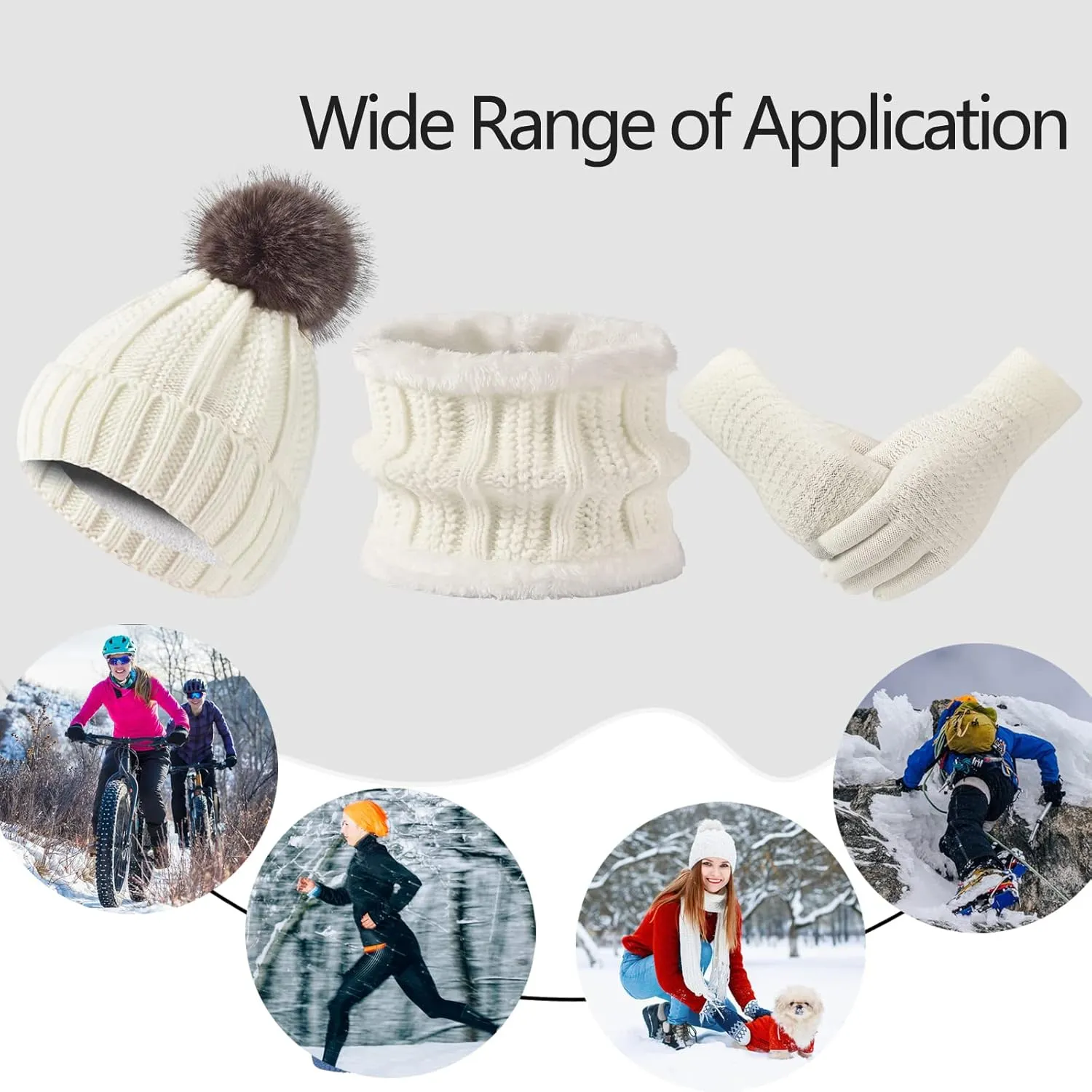 Women Winter Hat Gloves Scarf Set Beanie Warm Fleece Scarves Touchscreen Glove 3 in 1