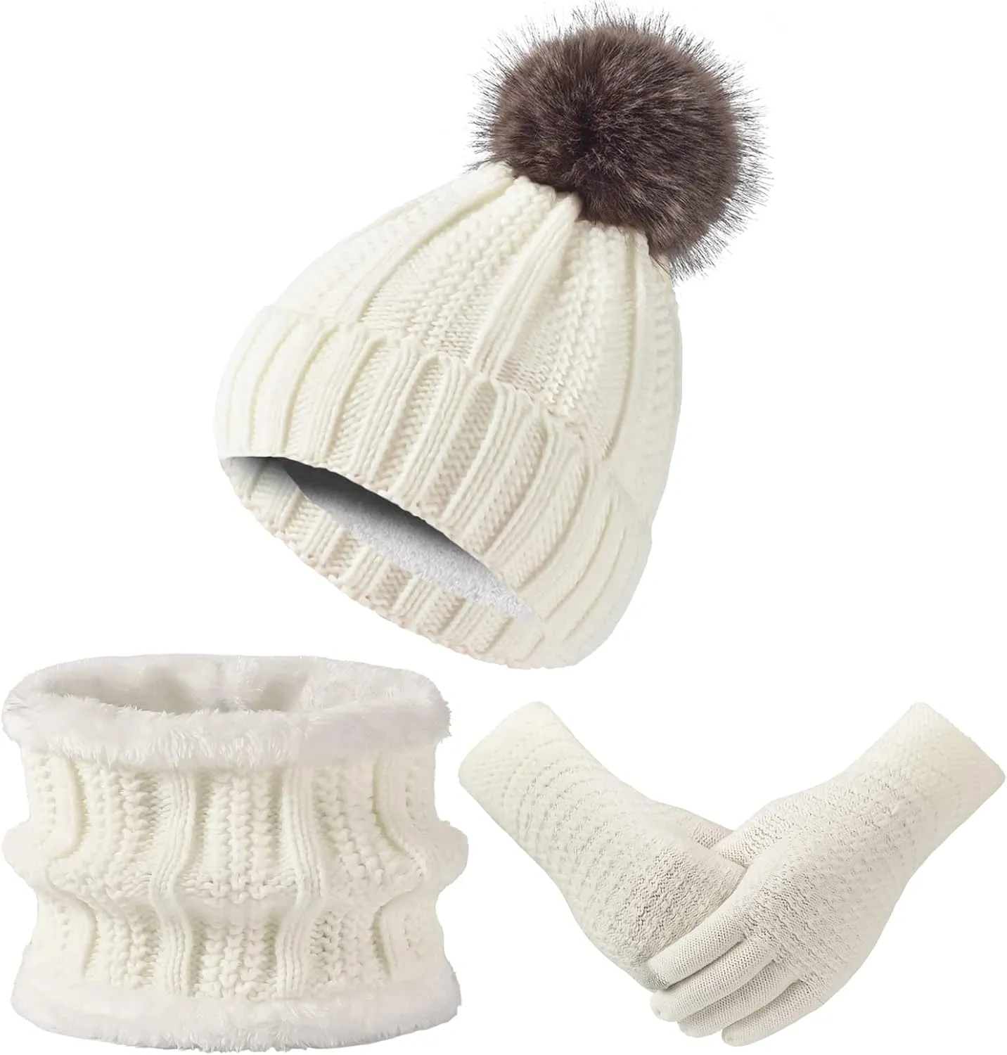 Women Winter Hat Gloves Scarf Set Beanie Warm Fleece Scarves Touchscreen Glove 3 in 1