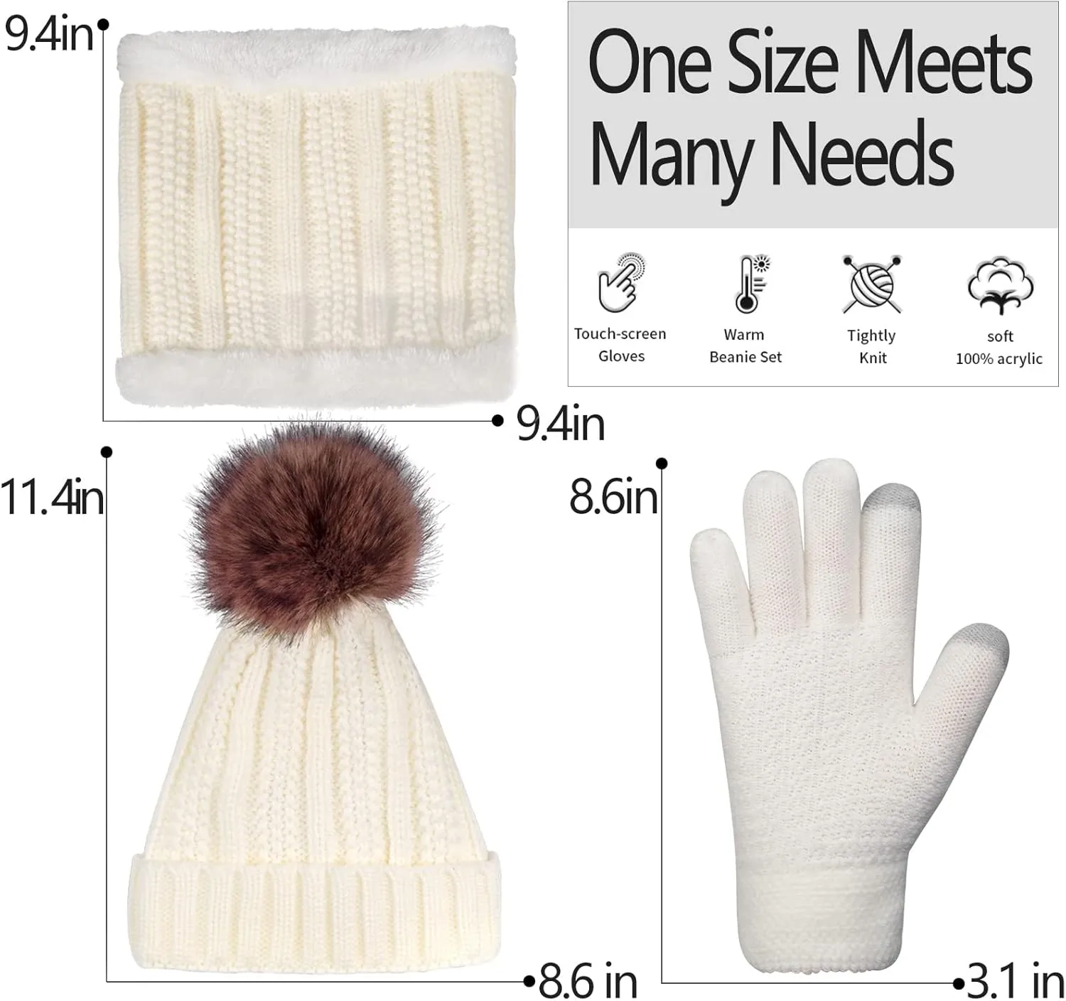 Women Winter Hat Gloves Scarf Set Beanie Warm Fleece Scarves Touchscreen Glove 3 in 1