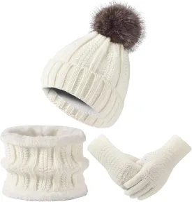 Women Winter Hat Gloves Scarf Set Beanie Warm Fleece Scarves Touchscreen Glove 3 in 1