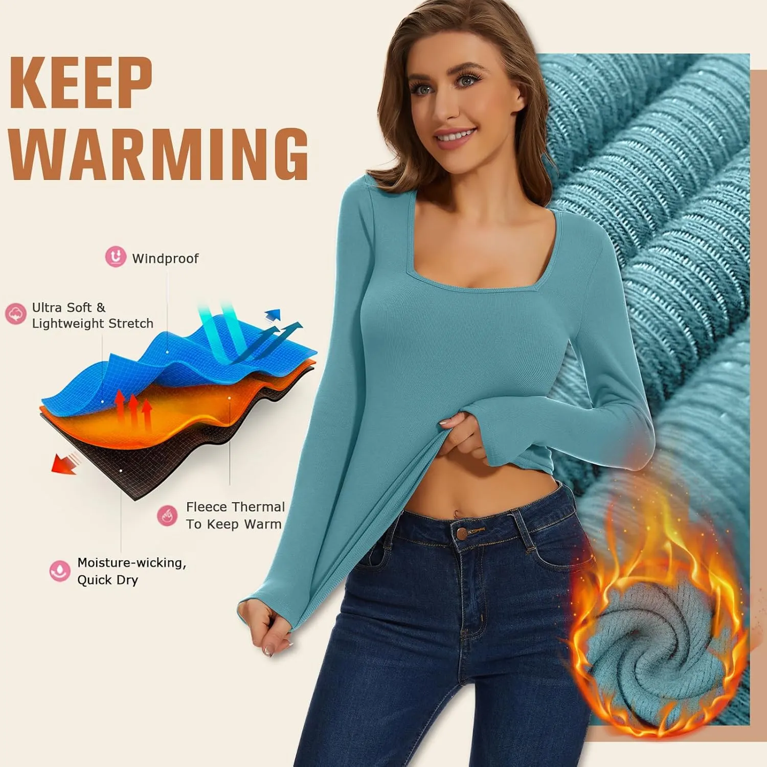 WOWENY Womens Long Sleeve Thermal Shirts Square Neck T Shirts Underwear Tops Basic Fitted Tees