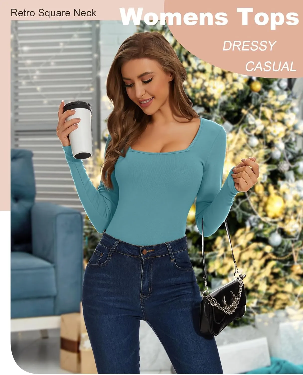 WOWENY Womens Long Sleeve Thermal Shirts Square Neck T Shirts Underwear Tops Basic Fitted Tees