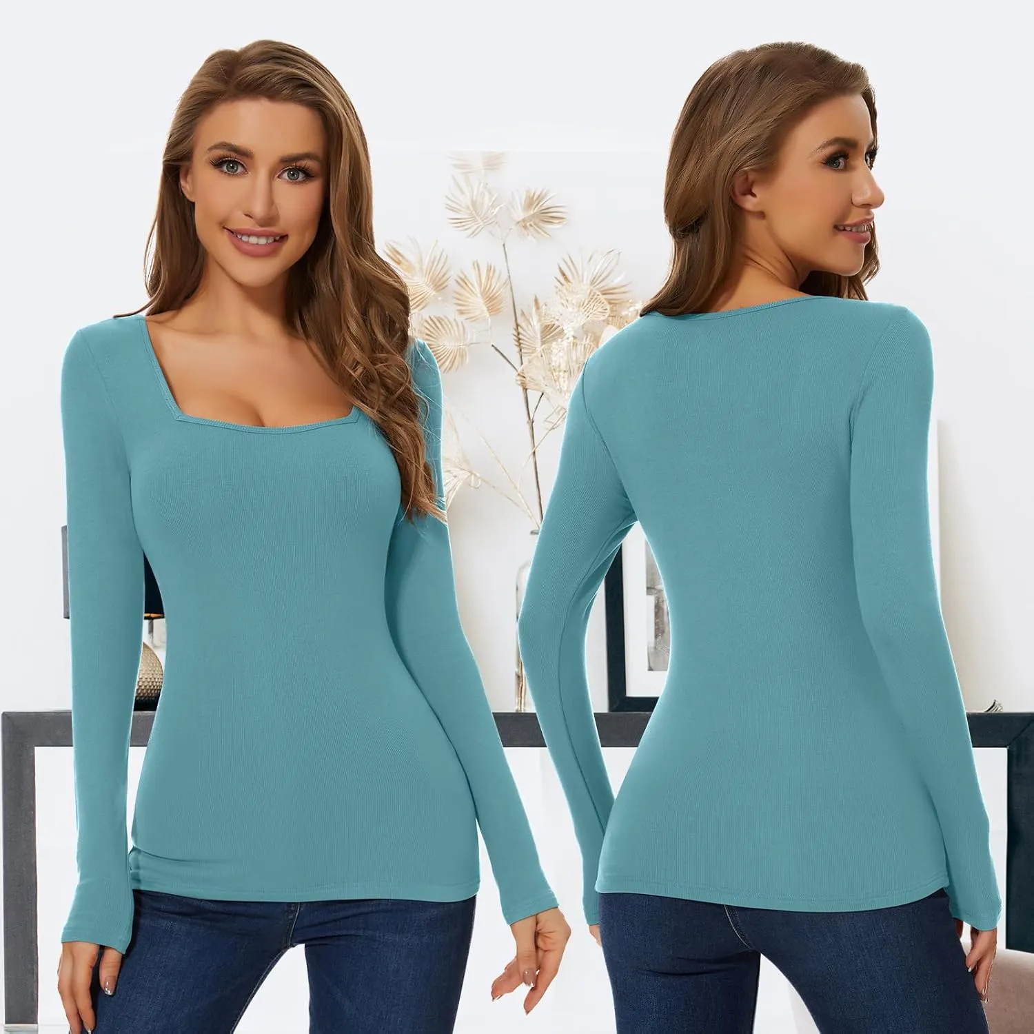 WOWENY Womens Long Sleeve Thermal Shirts Square Neck T Shirts Underwear Tops Basic Fitted Tees