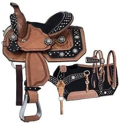 Youth Child Premium Leather Western Barrel Racing Trail Equestrian Pony Miniature Horse Saddle Tack   Headstall, Breast Collar, Reins & Saddle Pad Size 10 to 17