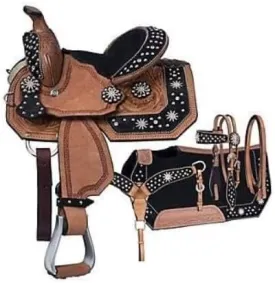 Youth Child Premium Leather Western Barrel Racing Trail Equestrian Pony Miniature Horse Saddle Tack   Headstall, Breast Collar, Reins & Saddle Pad Size 10 to 17