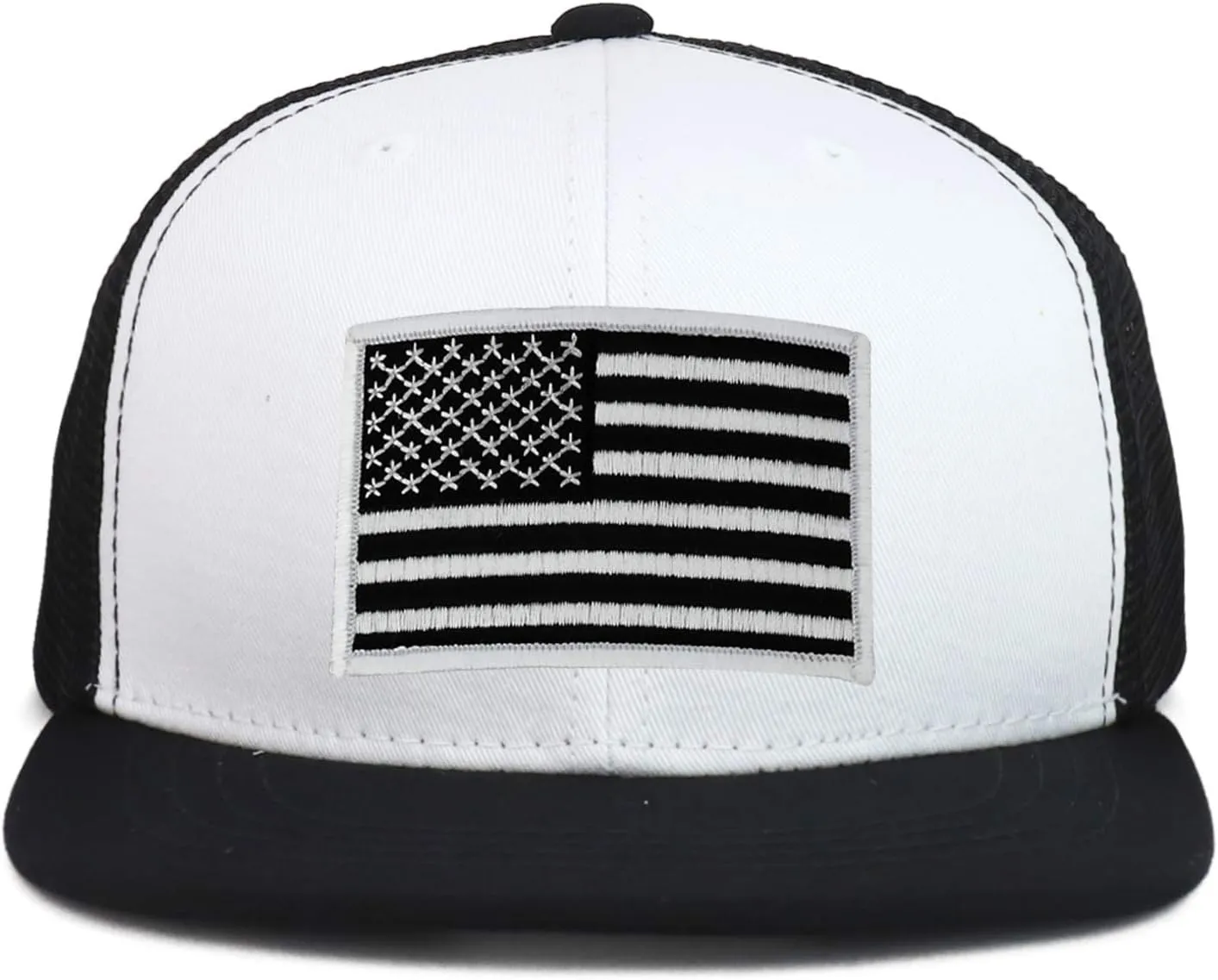 Youth Kid's Black White American Flag Patch Flat Bill Snapback Trucker Cap