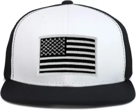 Youth Kid's Black White American Flag Patch Flat Bill Snapback Trucker Cap